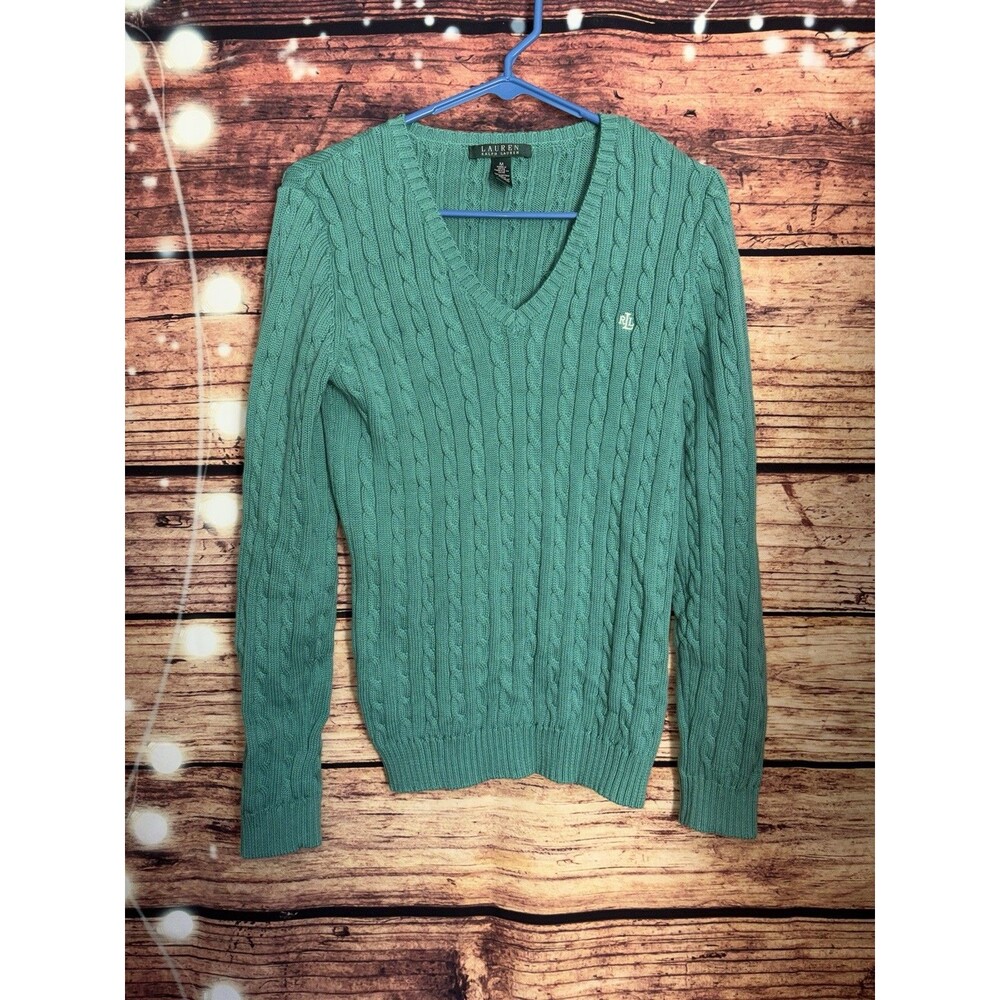 Lauren Ralph Lauren Cable Knit Sweater Womens Size Medium Pullover V-Neck Green
